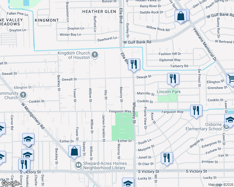map of restaurants, bars, coffee shops, grocery stores, and more near 9409 Maxroy Street in Houston