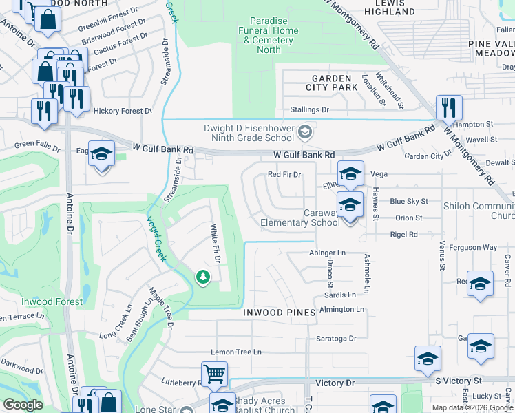 map of restaurants, bars, coffee shops, grocery stores, and more near 8638 Wild Basin Drive in Houston