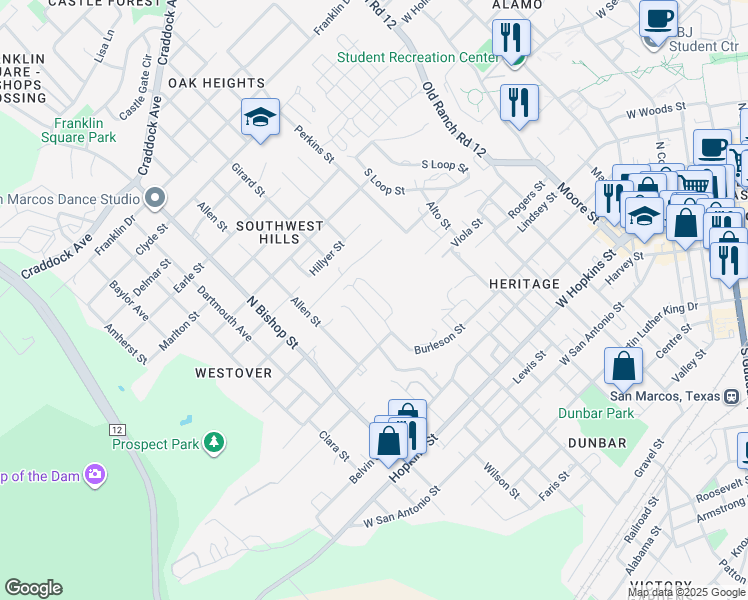 map of restaurants, bars, coffee shops, grocery stores, and more near 606 Bracewood Circle in San Marcos