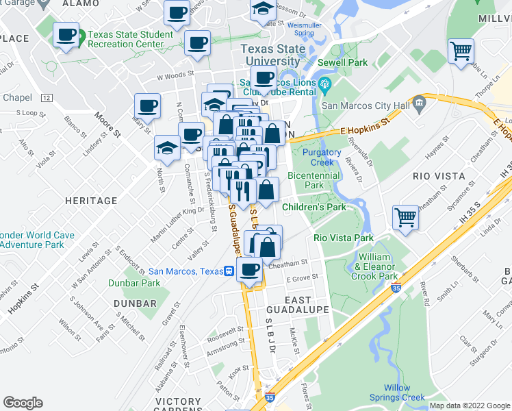 map of restaurants, bars, coffee shops, grocery stores, and more near 201 Texas 82 Loop in San Marcos