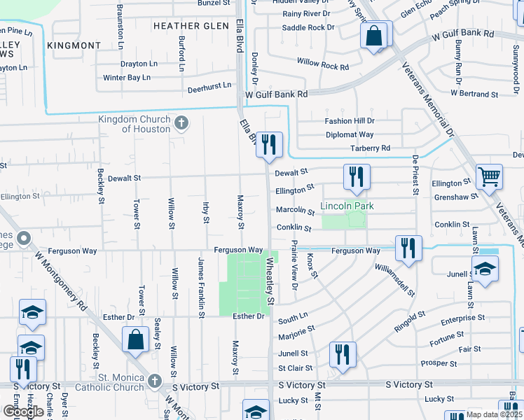 map of restaurants, bars, coffee shops, grocery stores, and more near 8701 Wheatley Street in Houston