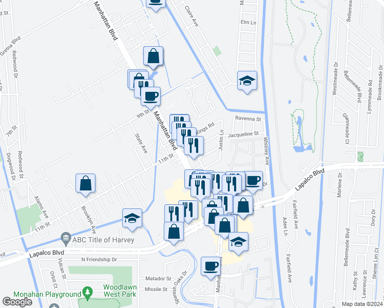 map of restaurants, bars, coffee shops, grocery stores, and more near 2316 Old Compton Road in Harvey