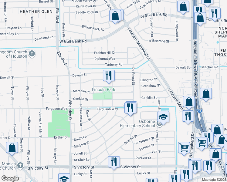 map of restaurants, bars, coffee shops, grocery stores, and more near 958 Marcolin Street in Houston