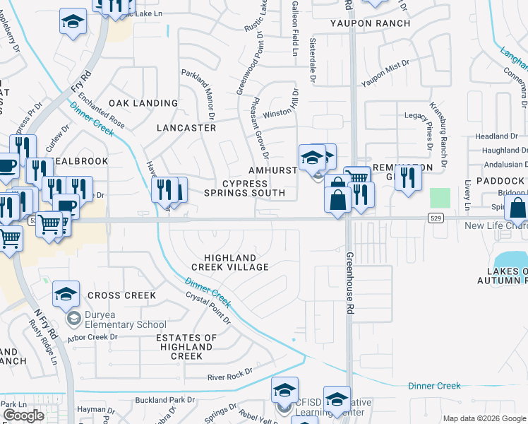 map of restaurants, bars, coffee shops, grocery stores, and more near 19410 FM 529 in Cypress