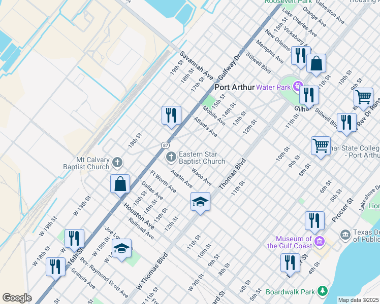 map of restaurants, bars, coffee shops, grocery stores, and more near 649 14th Street in Port Arthur