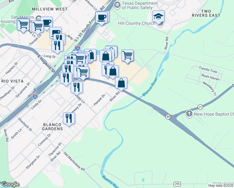 map of restaurants, bars, coffee shops, grocery stores, and more near 1482 River Road in San Marcos