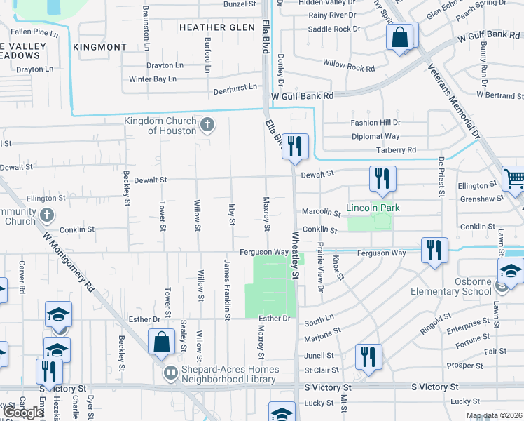 map of restaurants, bars, coffee shops, grocery stores, and more near 9409 Maxroy Street in Houston