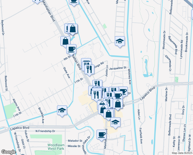 map of restaurants, bars, coffee shops, grocery stores, and more near 1580 Abbey Road in Harvey
