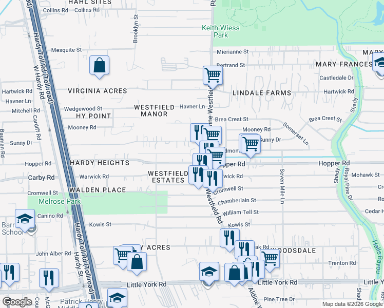 map of restaurants, bars, coffee shops, grocery stores, and more near 11210 Rusty Street in Houston