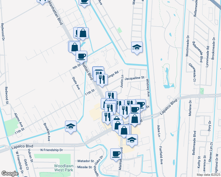 map of restaurants, bars, coffee shops, grocery stores, and more near 1580 Abbey Road in Harvey