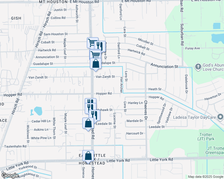 map of restaurants, bars, coffee shops, grocery stores, and more near 6037 Hopper Road in Houston