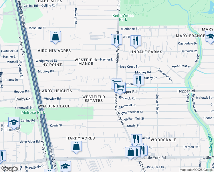 map of restaurants, bars, coffee shops, grocery stores, and more near 11210 Rusty Street in Houston