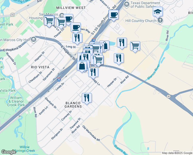map of restaurants, bars, coffee shops, grocery stores, and more near 937 Bugg Lane in San Marcos