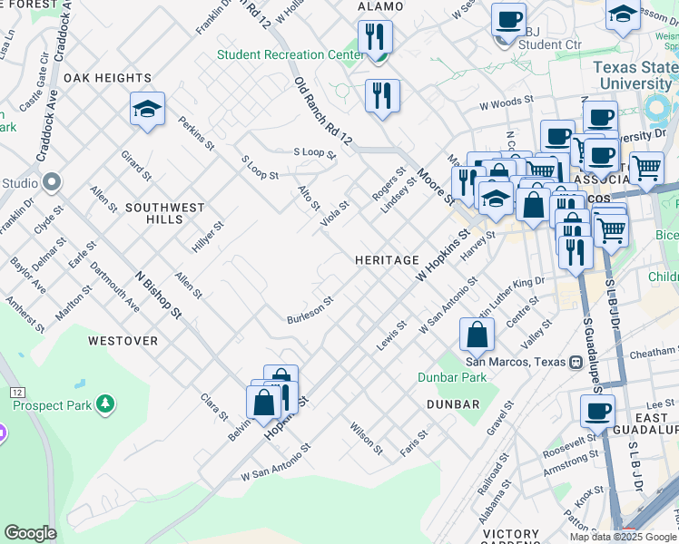 map of restaurants, bars, coffee shops, grocery stores, and more near 901 Highland Terrace in San Marcos