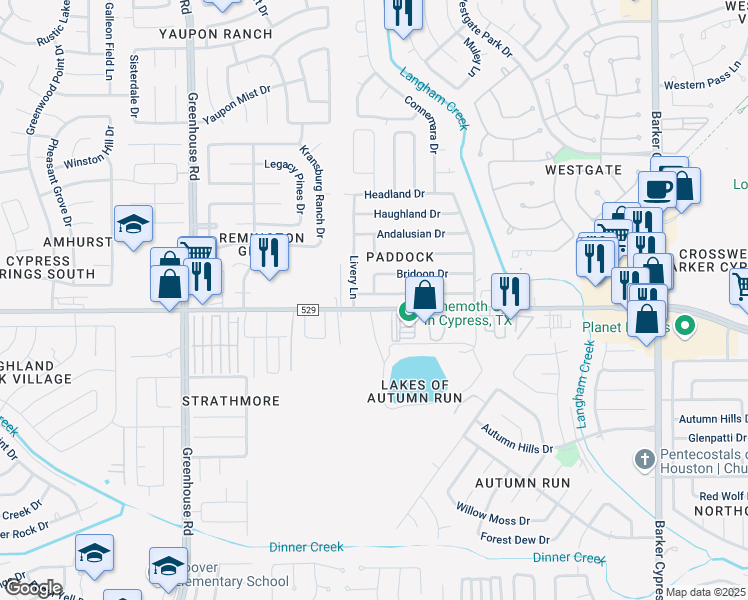 map of restaurants, bars, coffee shops, grocery stores, and more near 18719 Spinney Lane in Cypress