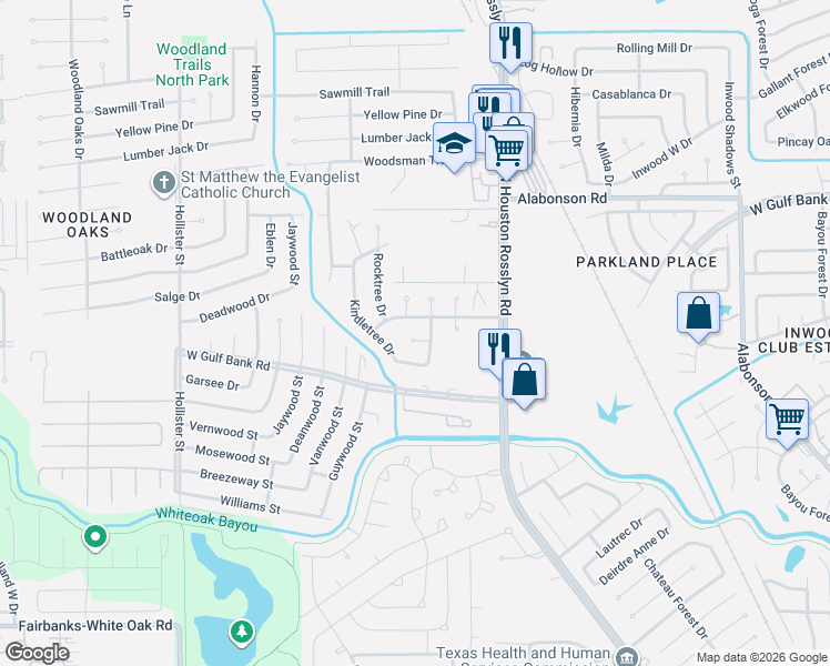 map of restaurants, bars, coffee shops, grocery stores, and more near 7102 Dorsetshire Drive in Houston