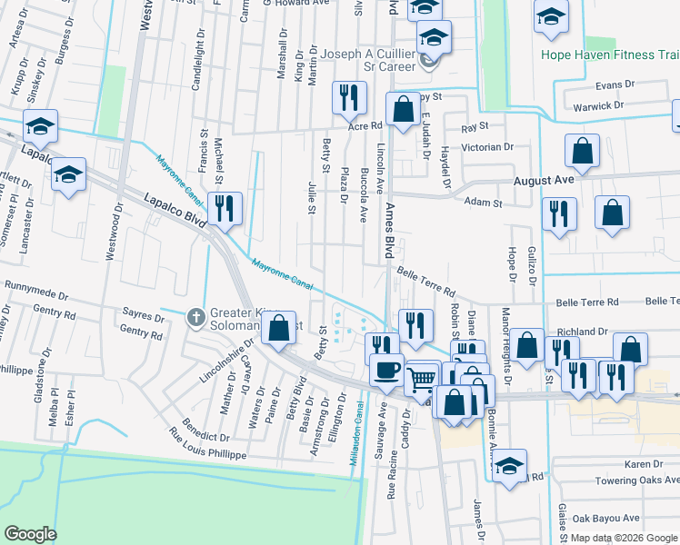map of restaurants, bars, coffee shops, grocery stores, and more near 1852 Plaza Drive in Marrero