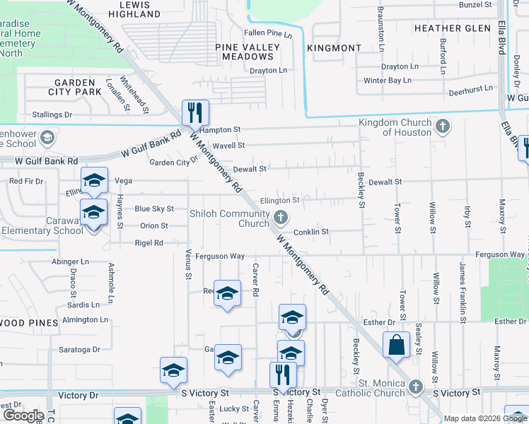 map of restaurants, bars, coffee shops, grocery stores, and more near 9430 West Montgomery Road in Houston