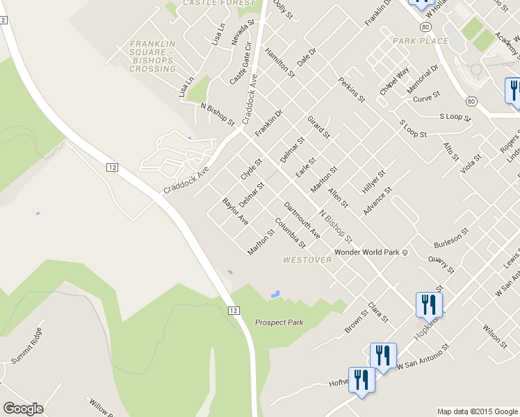 map of restaurants, bars, coffee shops, grocery stores, and more near 1201 Columbia Street in San Marcos