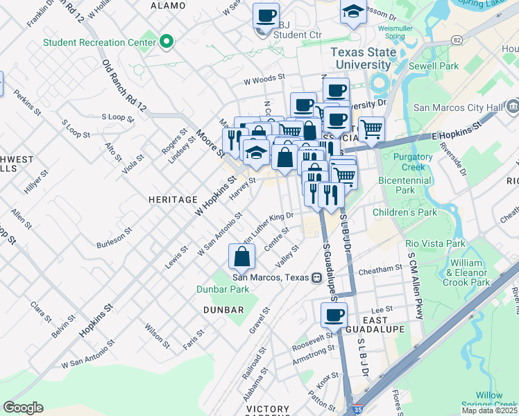 map of restaurants, bars, coffee shops, grocery stores, and more near 521 West San Antonio Street in San Marcos