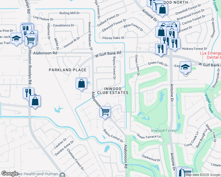 map of restaurants, bars, coffee shops, grocery stores, and more near 6215 Greenway Forest Lane in Houston