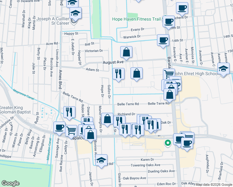 map of restaurants, bars, coffee shops, grocery stores, and more near 5249 Taravella Road in Marrero