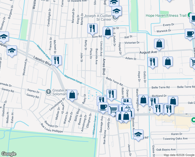map of restaurants, bars, coffee shops, grocery stores, and more near 1836 Buccola Avenue in Marrero