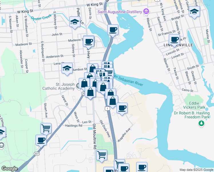 map of restaurants, bars, coffee shops, grocery stores, and more near 9 Iroquois Avenue in St. Augustine