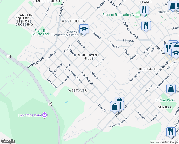 map of restaurants, bars, coffee shops, grocery stores, and more near 1204 Hillyer Street in San Marcos