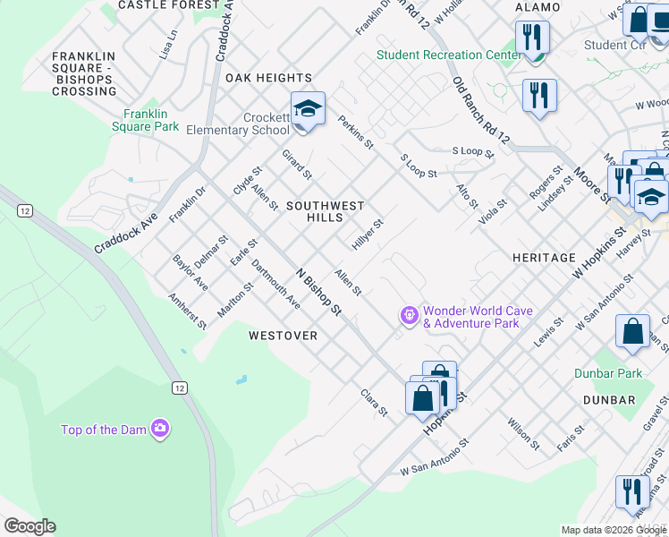 map of restaurants, bars, coffee shops, grocery stores, and more near 1206 Hillyer Street in San Marcos
