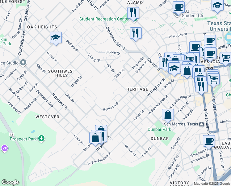 map of restaurants, bars, coffee shops, grocery stores, and more near 901 Highland Terrace in San Marcos