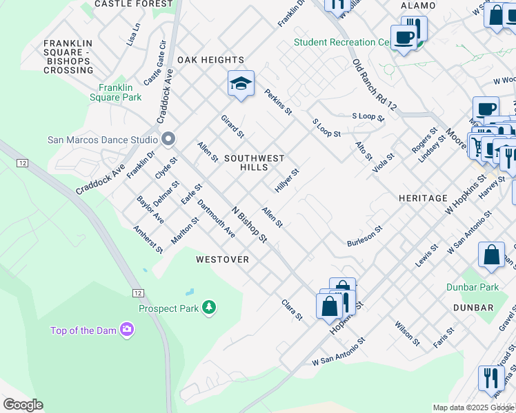 map of restaurants, bars, coffee shops, grocery stores, and more near 1204 Hillyer Street in San Marcos