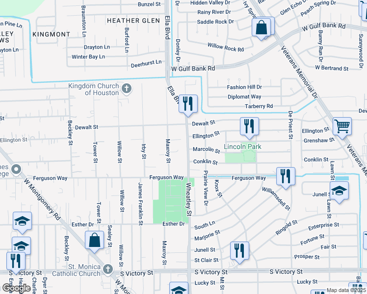 map of restaurants, bars, coffee shops, grocery stores, and more near 8701 Wheatley Street in Houston