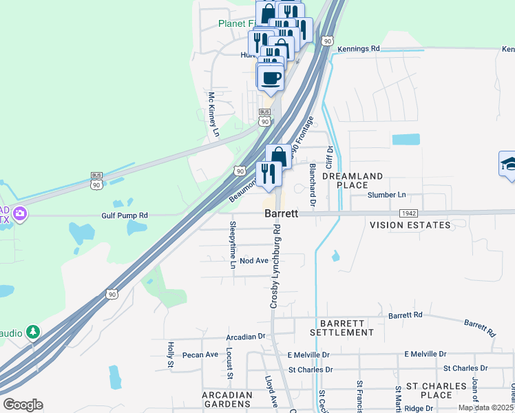 map of restaurants, bars, coffee shops, grocery stores, and more near 13203 Crosby Lynchburg Road in Crosby