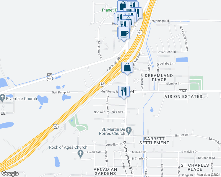 map of restaurants, bars, coffee shops, grocery stores, and more near 125 Gulf Pump Road in Crosby