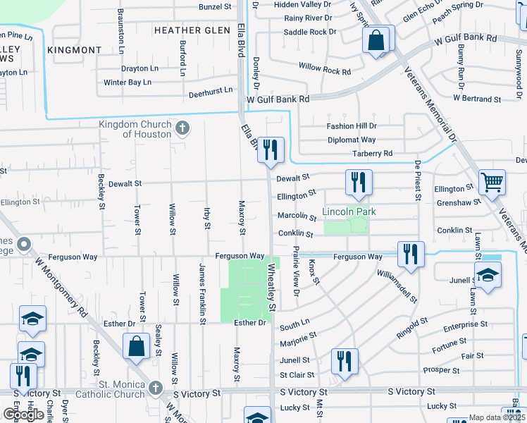 map of restaurants, bars, coffee shops, grocery stores, and more near 8701 Wheatley Street in Houston