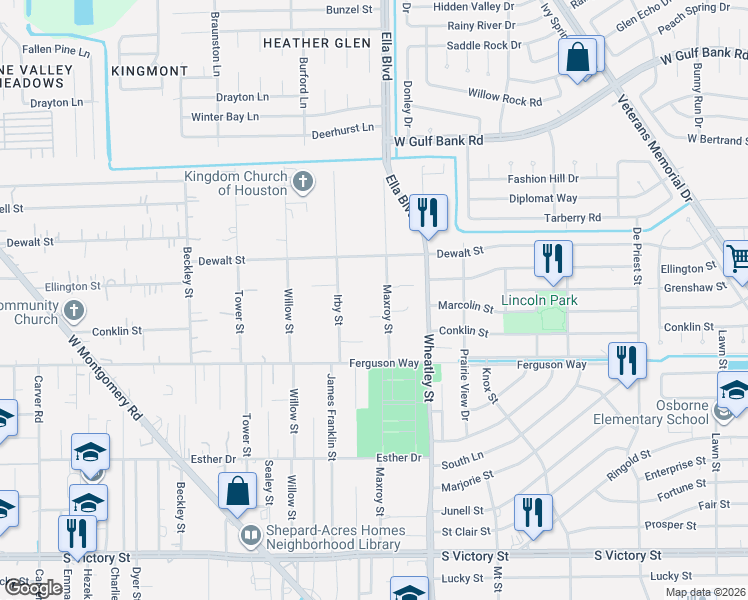 map of restaurants, bars, coffee shops, grocery stores, and more near 9409 Maxroy Street in Houston