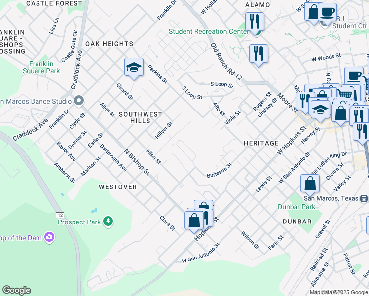 map of restaurants, bars, coffee shops, grocery stores, and more near 701 Bracewood Circle in San Marcos