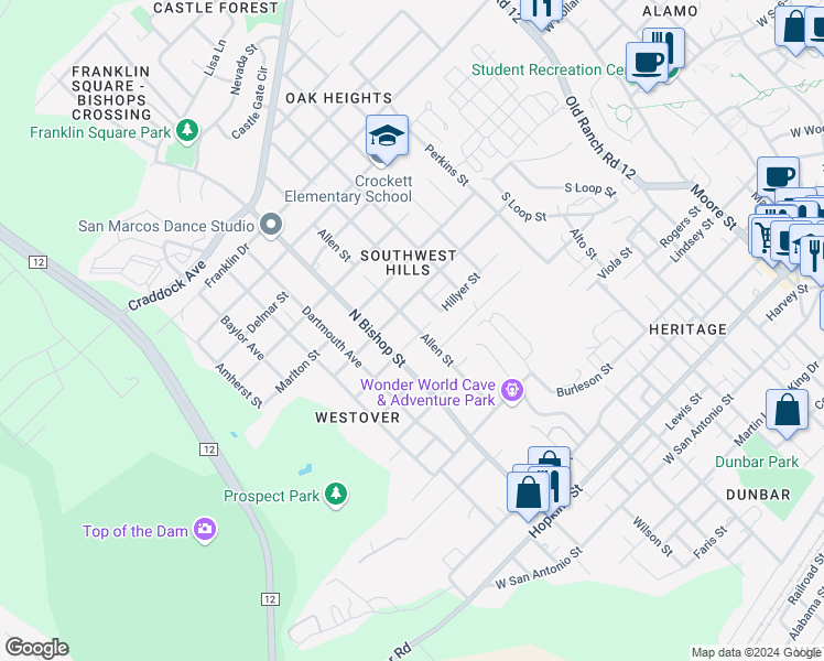 map of restaurants, bars, coffee shops, grocery stores, and more near 1204 Hillyer Street in San Marcos