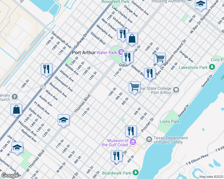 map of restaurants, bars, coffee shops, grocery stores, and more near 1101 10th Street in Port Arthur
