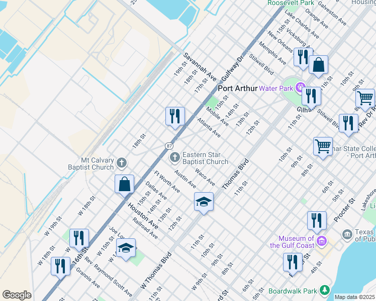 map of restaurants, bars, coffee shops, grocery stores, and more near 649 14th Street in Port Arthur