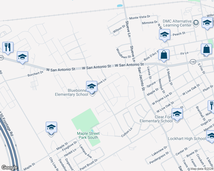 map of restaurants, bars, coffee shops, grocery stores, and more near 1410 Dove Lane in Lockhart