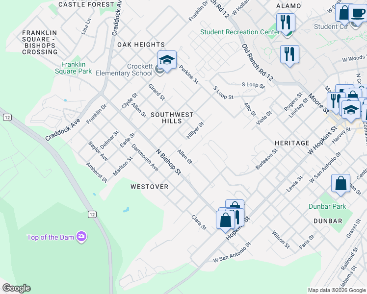map of restaurants, bars, coffee shops, grocery stores, and more near 1111 Advance Street in San Marcos