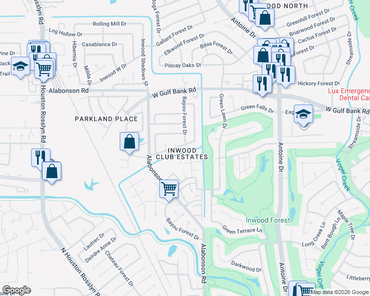 map of restaurants, bars, coffee shops, grocery stores, and more near 6215 Greenway Forest Lane in Houston