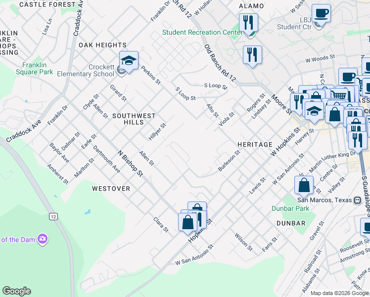 map of restaurants, bars, coffee shops, grocery stores, and more near 606 Bracewood Circle in San Marcos