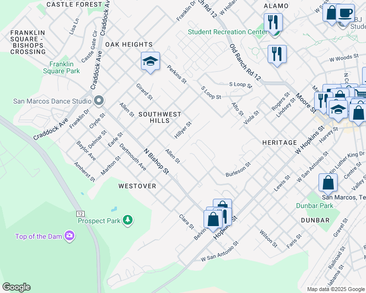 map of restaurants, bars, coffee shops, grocery stores, and more near 1111 Advance Street in San Marcos