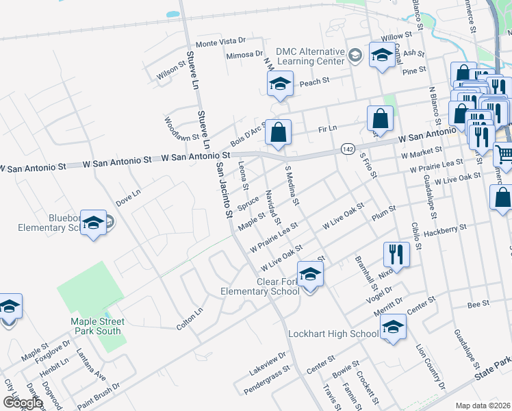 map of restaurants, bars, coffee shops, grocery stores, and more near 1121 Maple Street in Lockhart