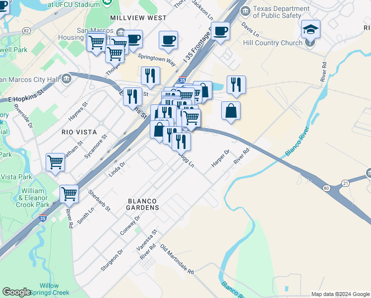 map of restaurants, bars, coffee shops, grocery stores, and more near 1400 Clarewood Drive in San Marcos