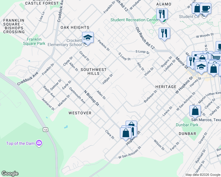 map of restaurants, bars, coffee shops, grocery stores, and more near 1009 Advance Street in San Marcos