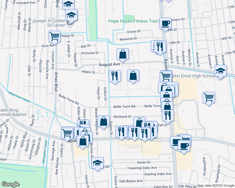 map of restaurants, bars, coffee shops, grocery stores, and more near 5241 Taravella Road in Marrero